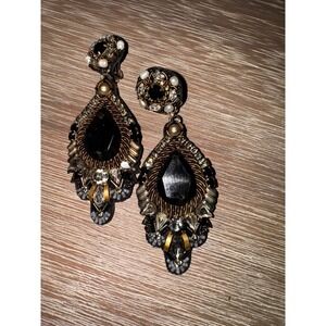 Ranjana Khan Statement Earrings Black Teardrop Clip On Rhinestone